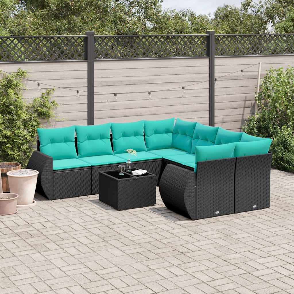 Conjunto de sofá de jardim de 9 peças com almofadas em rattan sintético preto