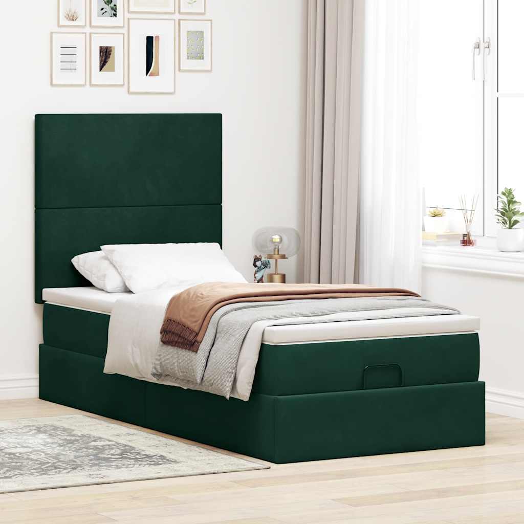 Estrutura de cama otomana com colchões verde escuro veludo