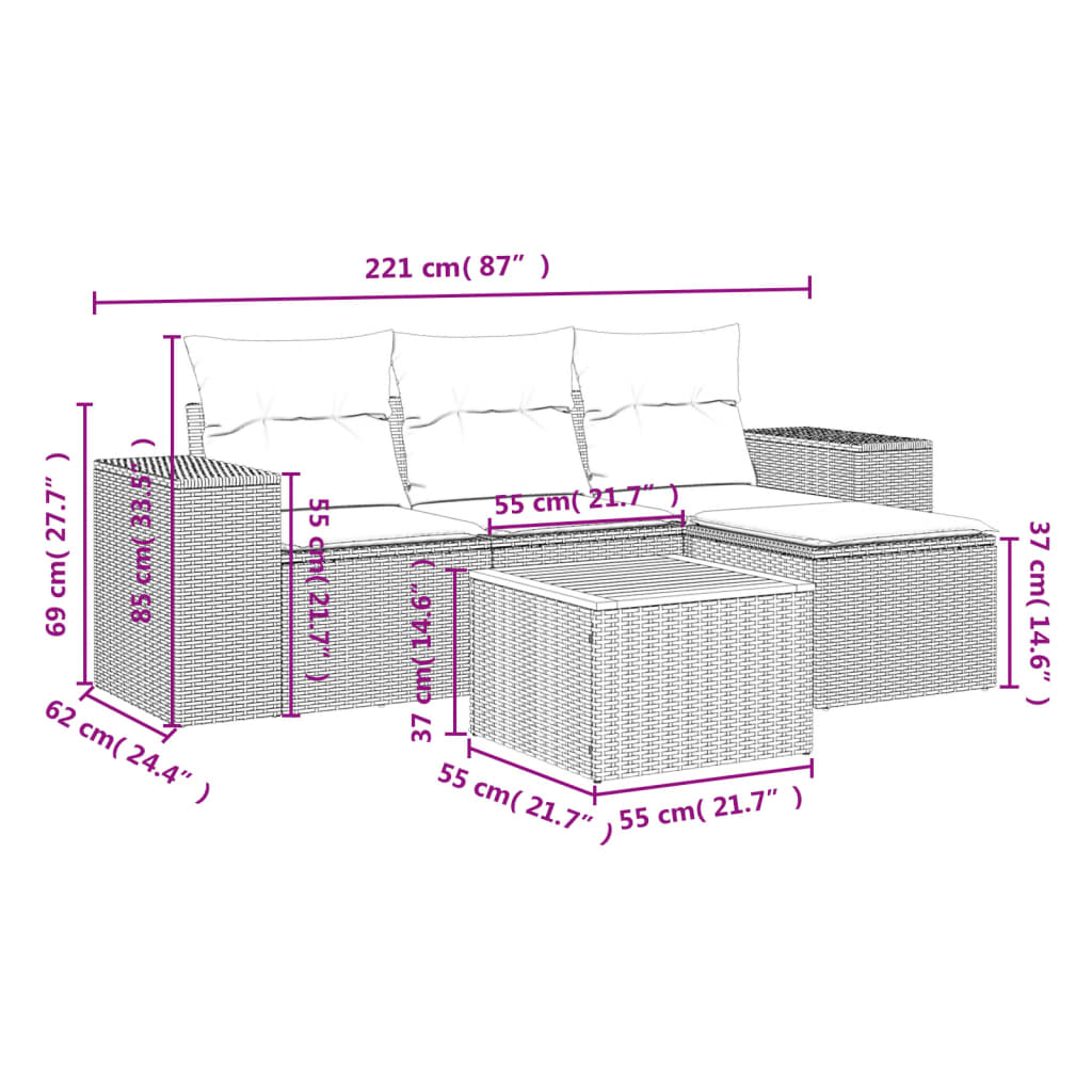 5 Pcs conjunto de sofás p/ jardim com almofadões vime PE bege