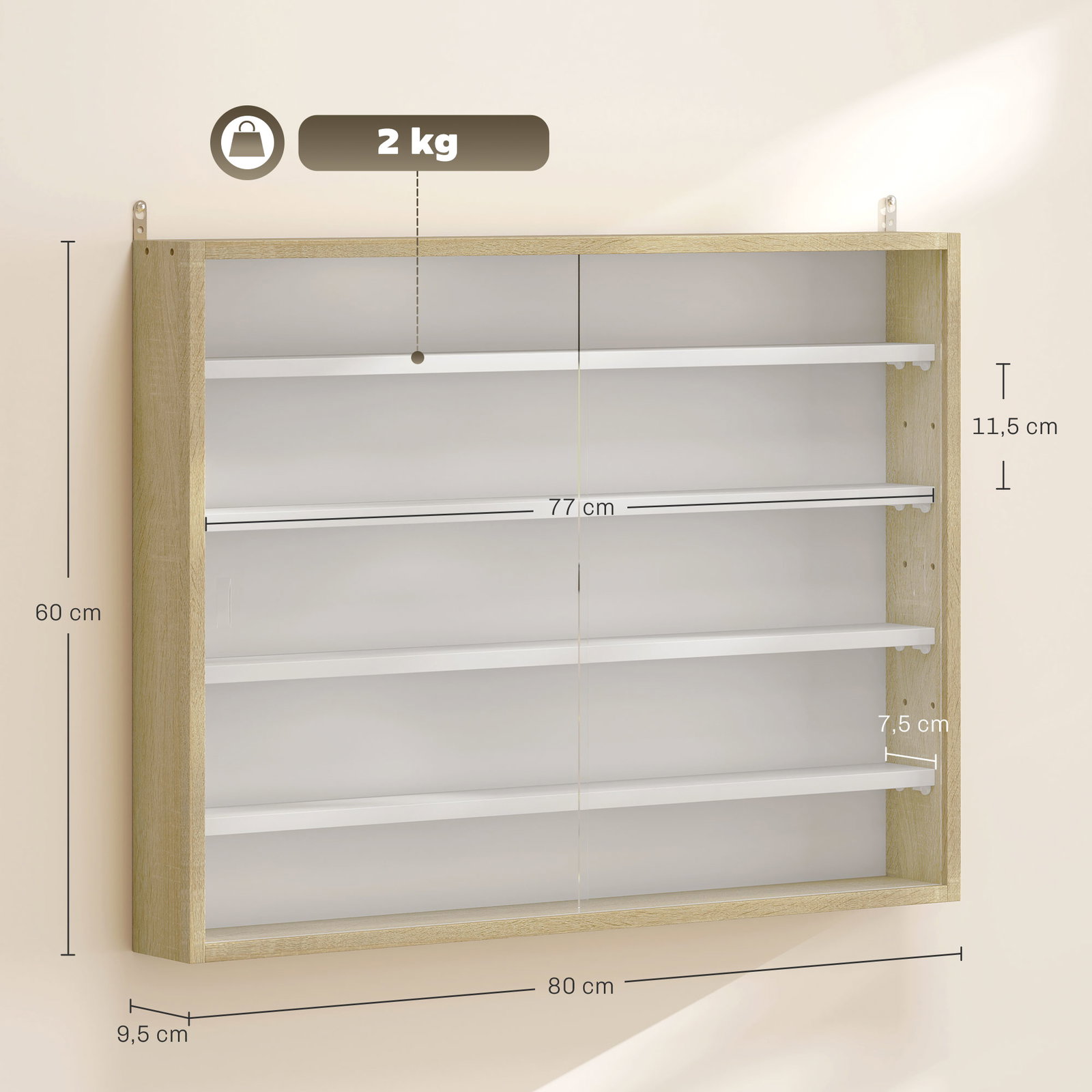 Vitrine de parede de madeira com prateleiras ajustáveis e 2 portas corredeiras de vidro para coleções perfumes 80x9,5x60cm madeira e branco