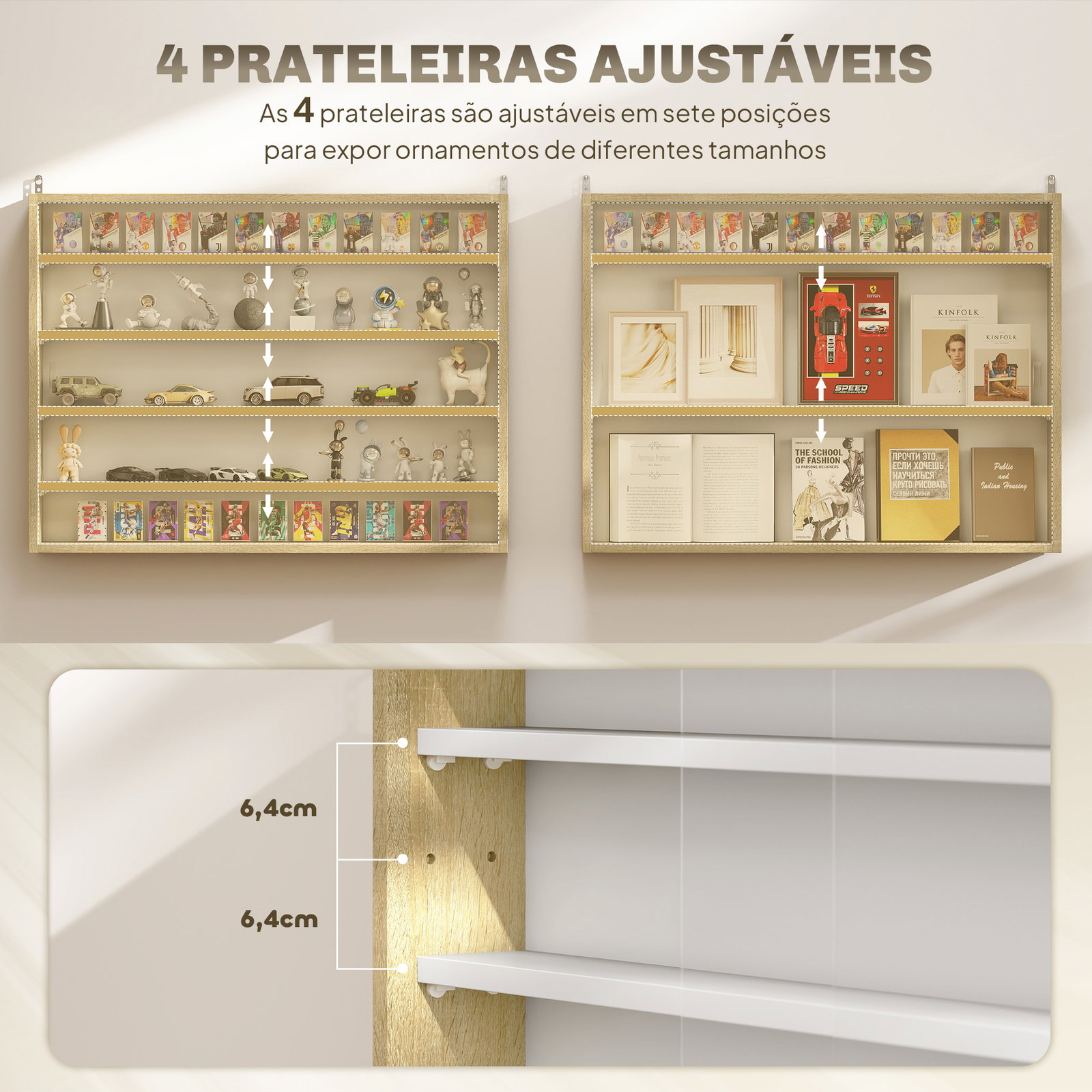 Vitrine de parede de madeira com prateleiras ajustáveis e 2 portas corredeiras de vidro para coleções perfumes 80x9,5x60cm madeira e branco