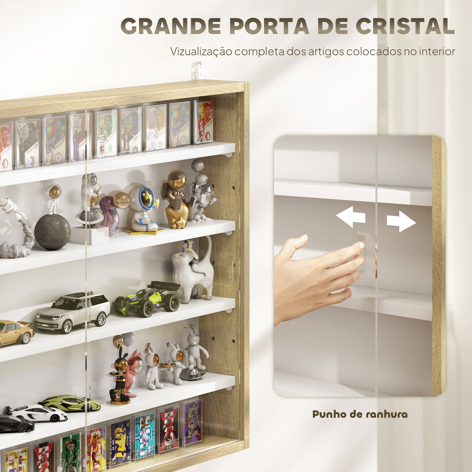 Vitrine de parede de madeira com prateleiras ajustáveis e 2 portas corredeiras de vidro para coleções perfumes 80x9,5x60cm madeira e branco