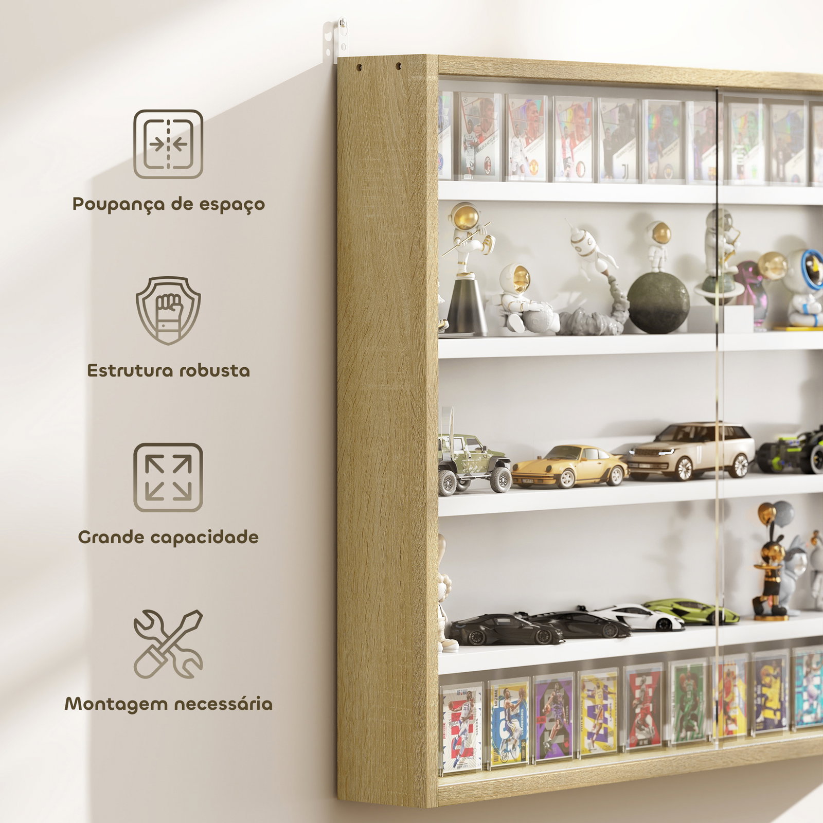 Vitrine de parede de madeira com prateleiras ajustáveis e 2 portas corredeiras de vidro para coleções perfumes 80x9,5x60cm madeira e branco