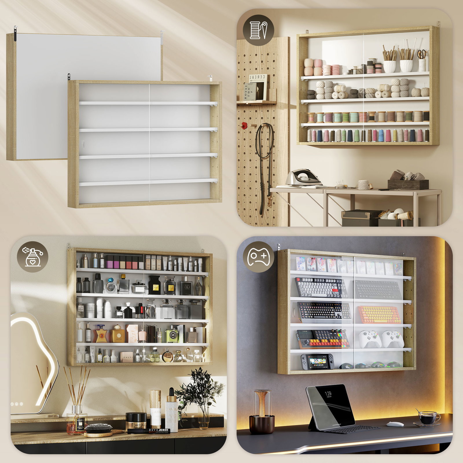 Vitrine de parede de madeira com prateleiras ajustáveis e 2 portas corredeiras de vidro para coleções perfumes 80x9,5x60cm madeira e branco