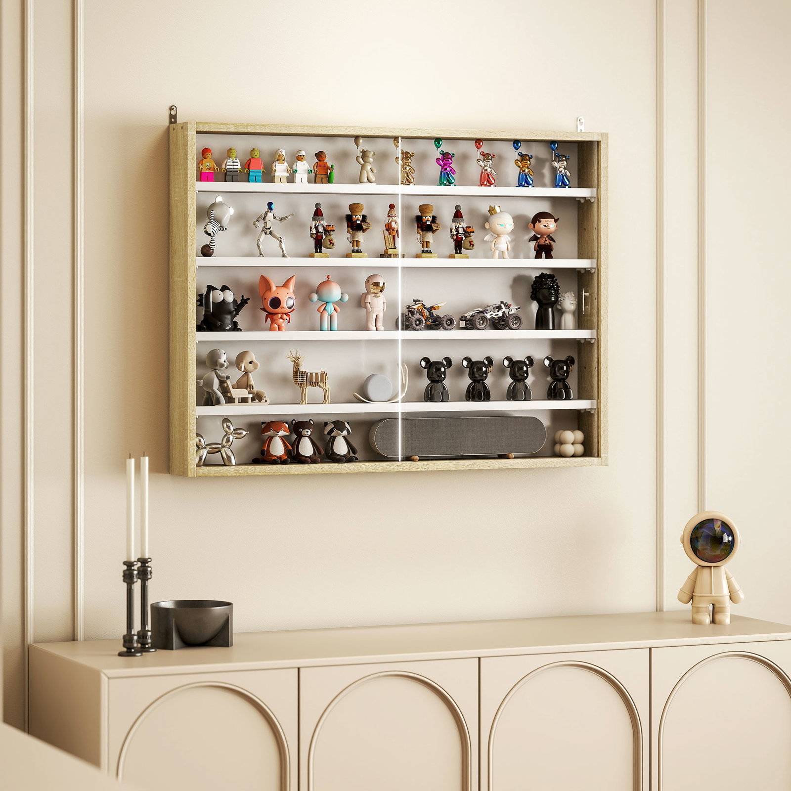 Vitrine de parede de madeira com prateleiras ajustáveis e 2 portas corredeiras de vidro para coleções perfumes 80x9,5x60cm madeira e branco