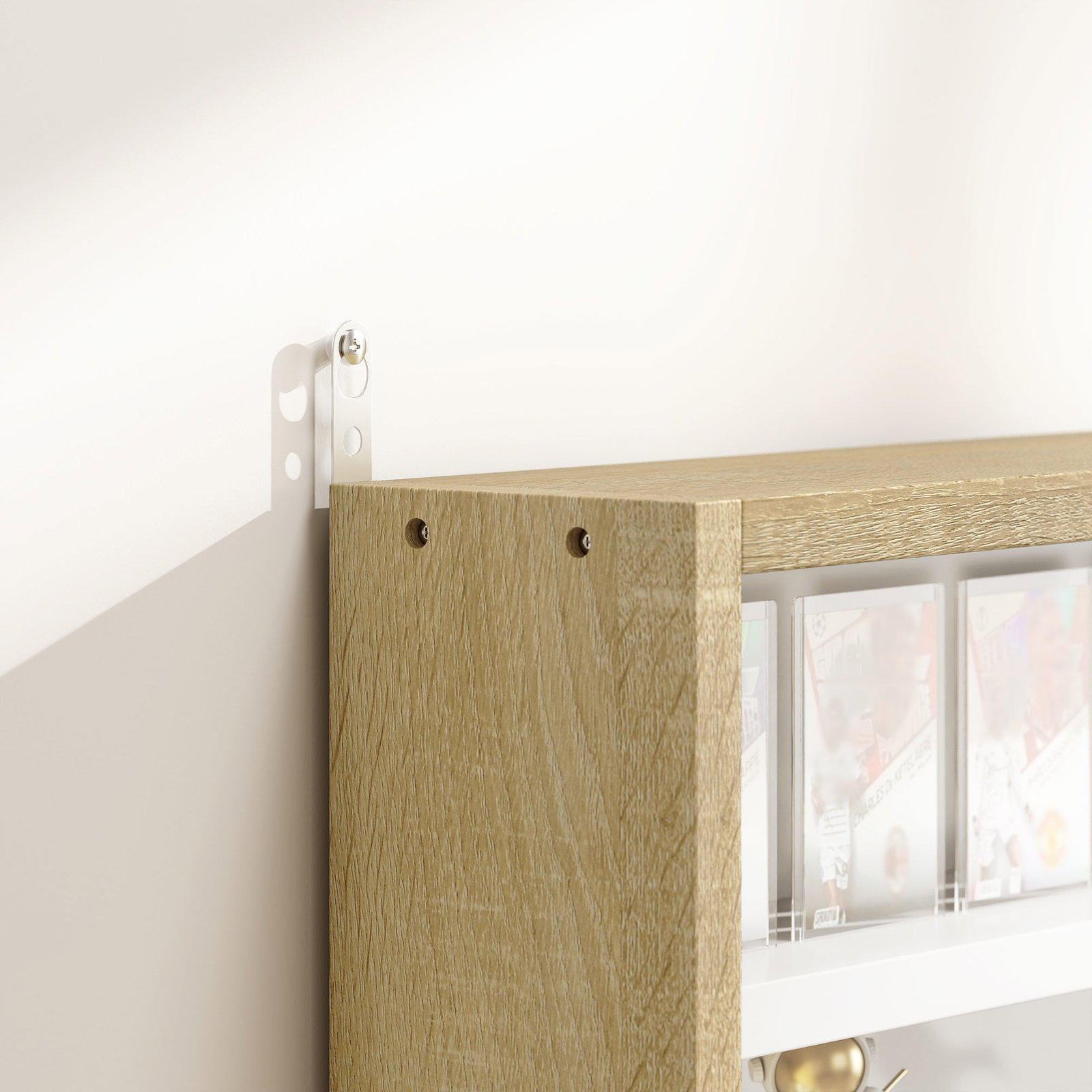 Vitrine de parede de madeira com prateleiras ajustáveis e 2 portas corredeiras de vidro para coleções perfumes 80x9,5x60cm madeira e branco