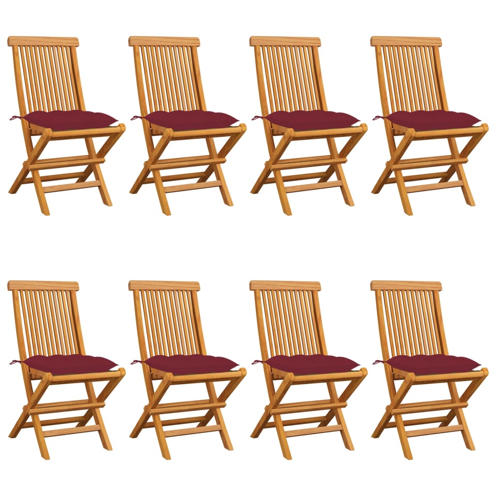 Cadeiras jardim c/ almofadões vermelho tinto 8 pcs teca maciça