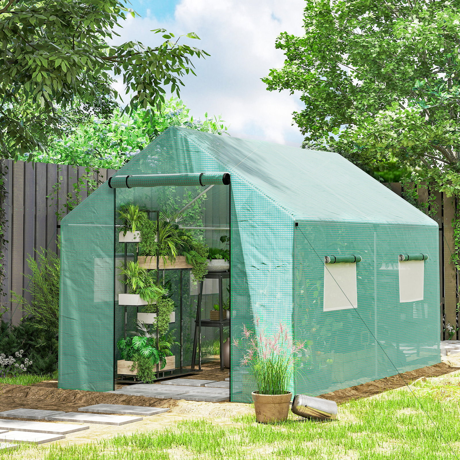 Estufa tipo túnel 2x3x2 m estufa de exterior com 4 janelas de malha e porta com fecho de correr estufa para cultivos anti UV verde