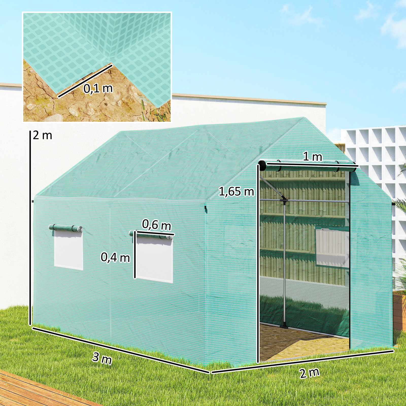 Estufa tipo túnel 2x3x2 m estufa de exterior com 4 janelas de malha e porta com fecho de correr estufa para cultivos anti UV verde