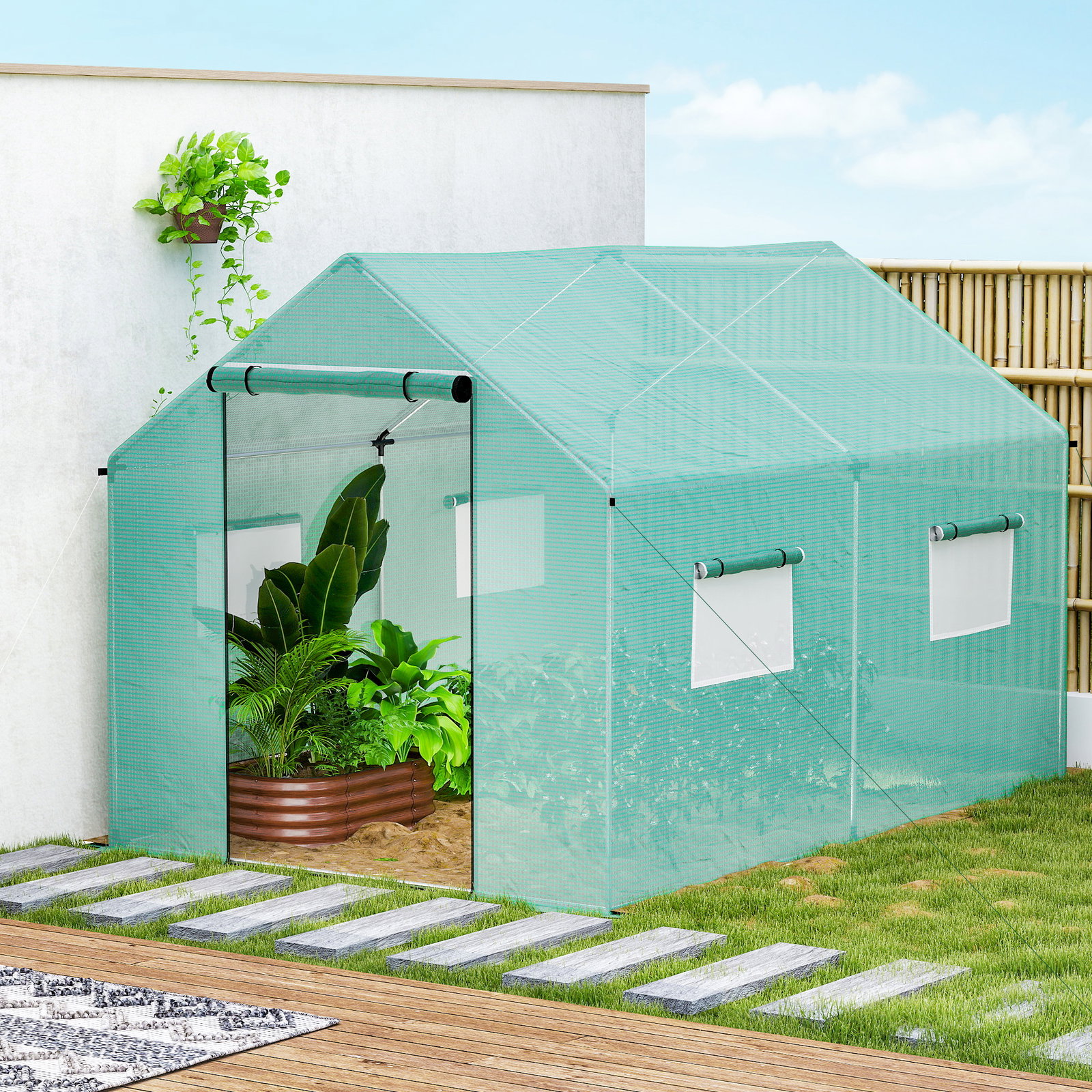 Estufa tipo túnel 2x3x2 m estufa de exterior com 4 janelas de malha e porta com fecho de correr estufa para cultivos anti UV verde