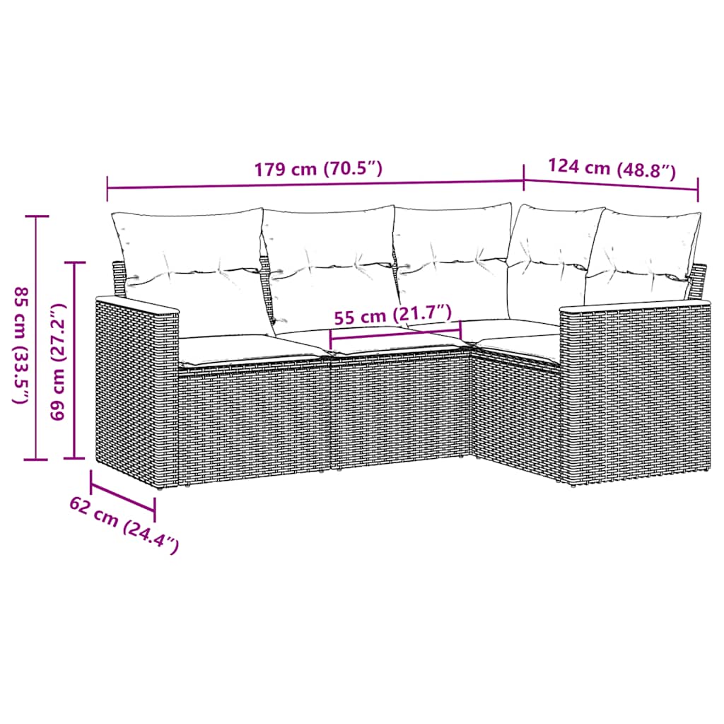 4 Pcs conjunto de sofás para jardim c/ almofadões vime PE preto
