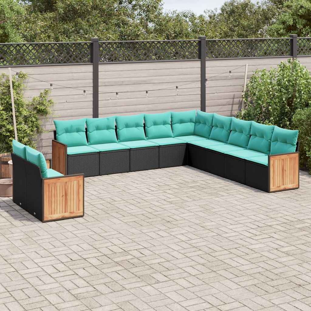 Conjunto de sofá de jardim com 11 peças e almofadas em rattan sintético preto