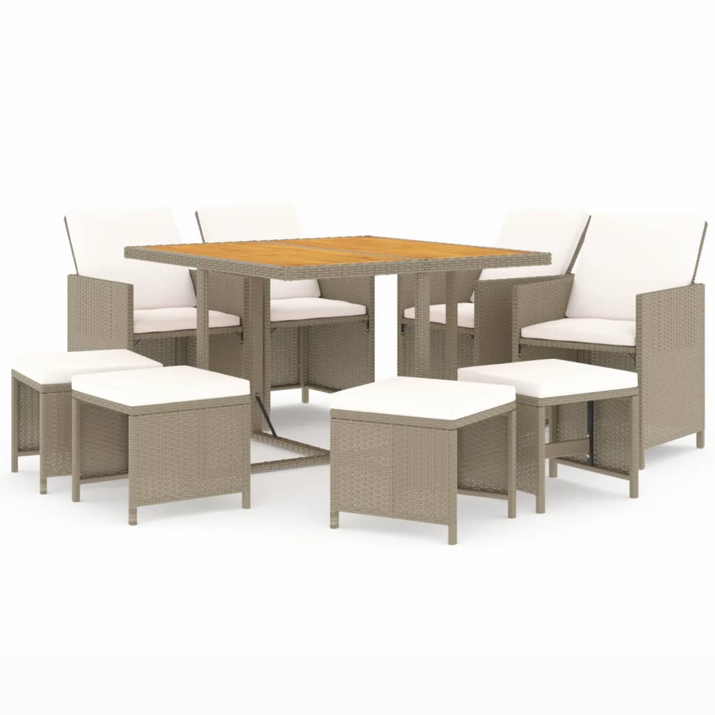9 Pcs conjunto de jantar p/ jardim com almofadões vime PE bege