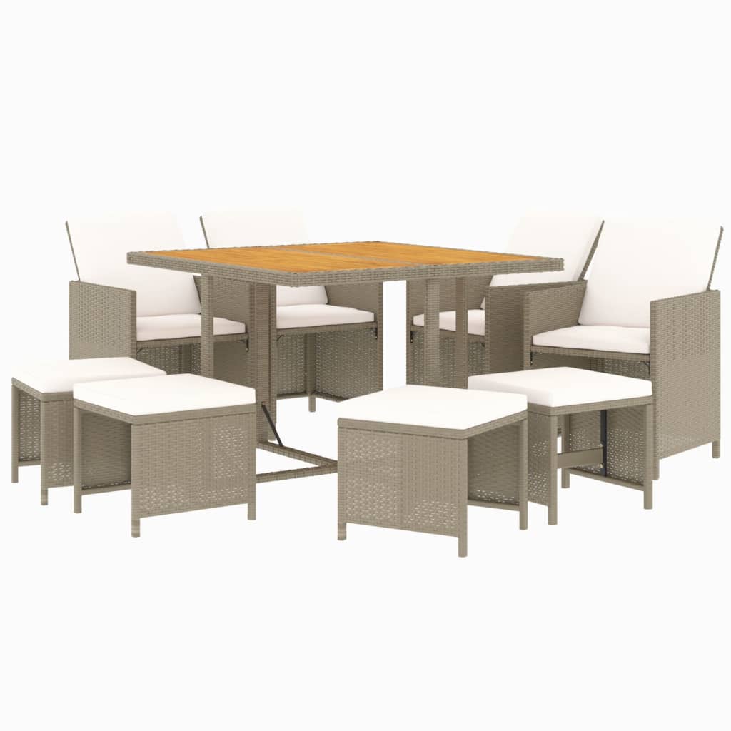 9 Pcs conjunto de jantar p/ jardim com almofadões vime PE bege