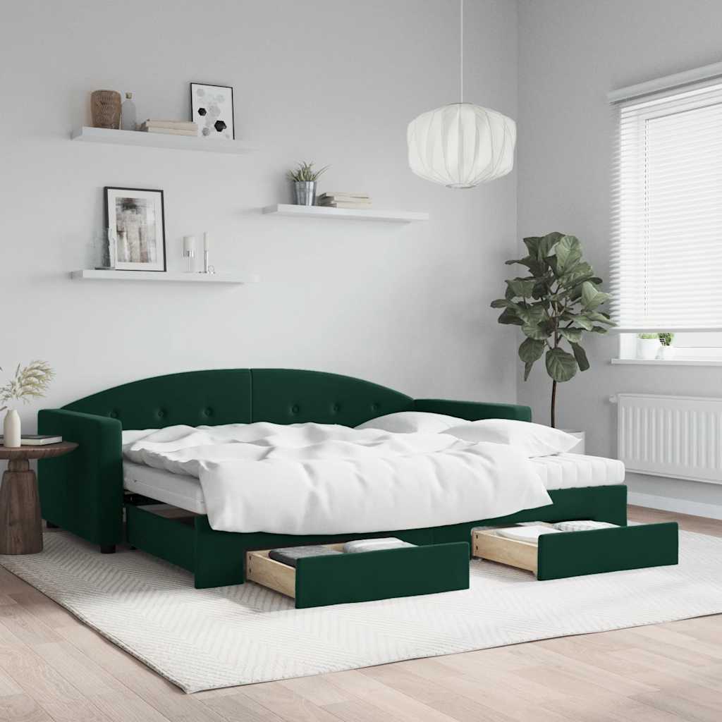 Sofá-cama c/ gavetão e gavetas 90x200 cm veludo verde-escuro