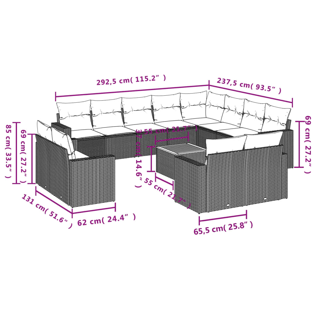 13 Pcs conjunto de sofás p/ jardim com almofadões vime PE bege