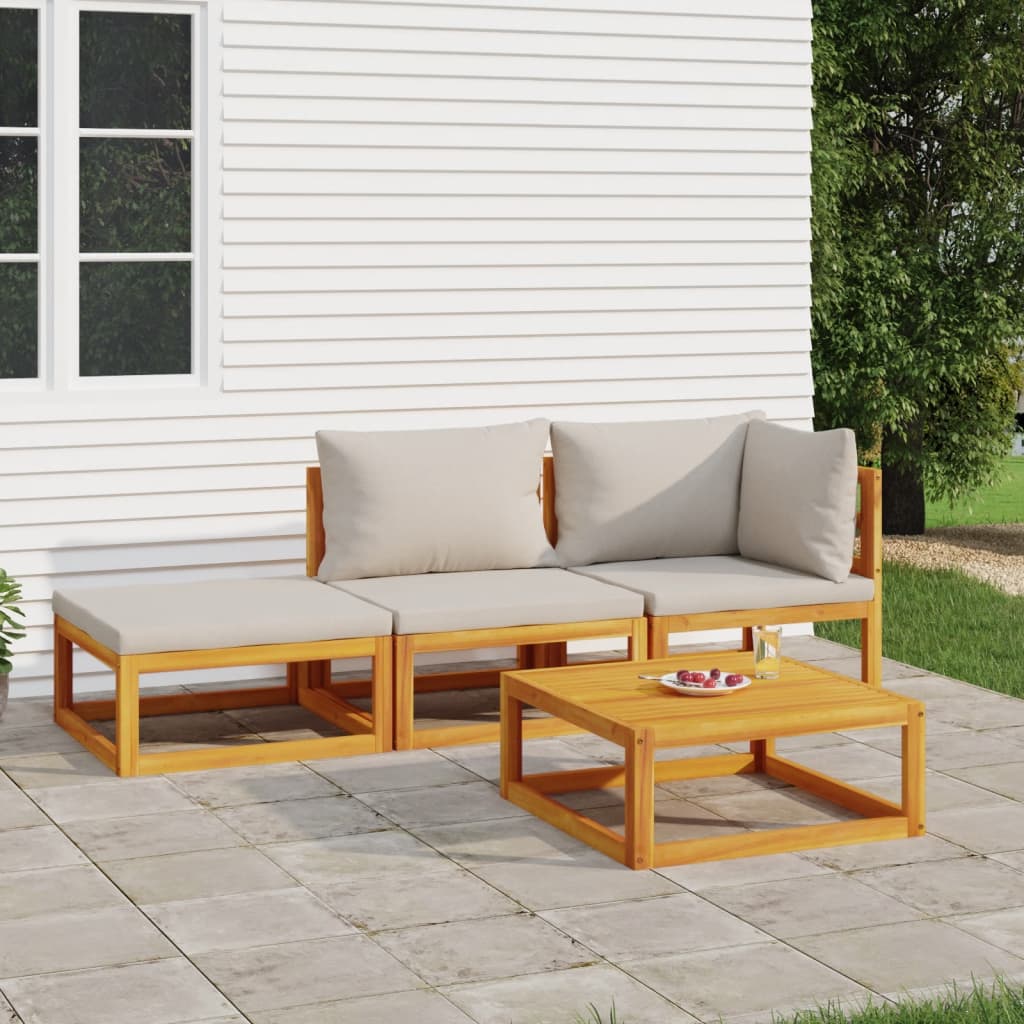 4 Pcs conj. lounge de jardim madeira c/ almofadões cinza-claro