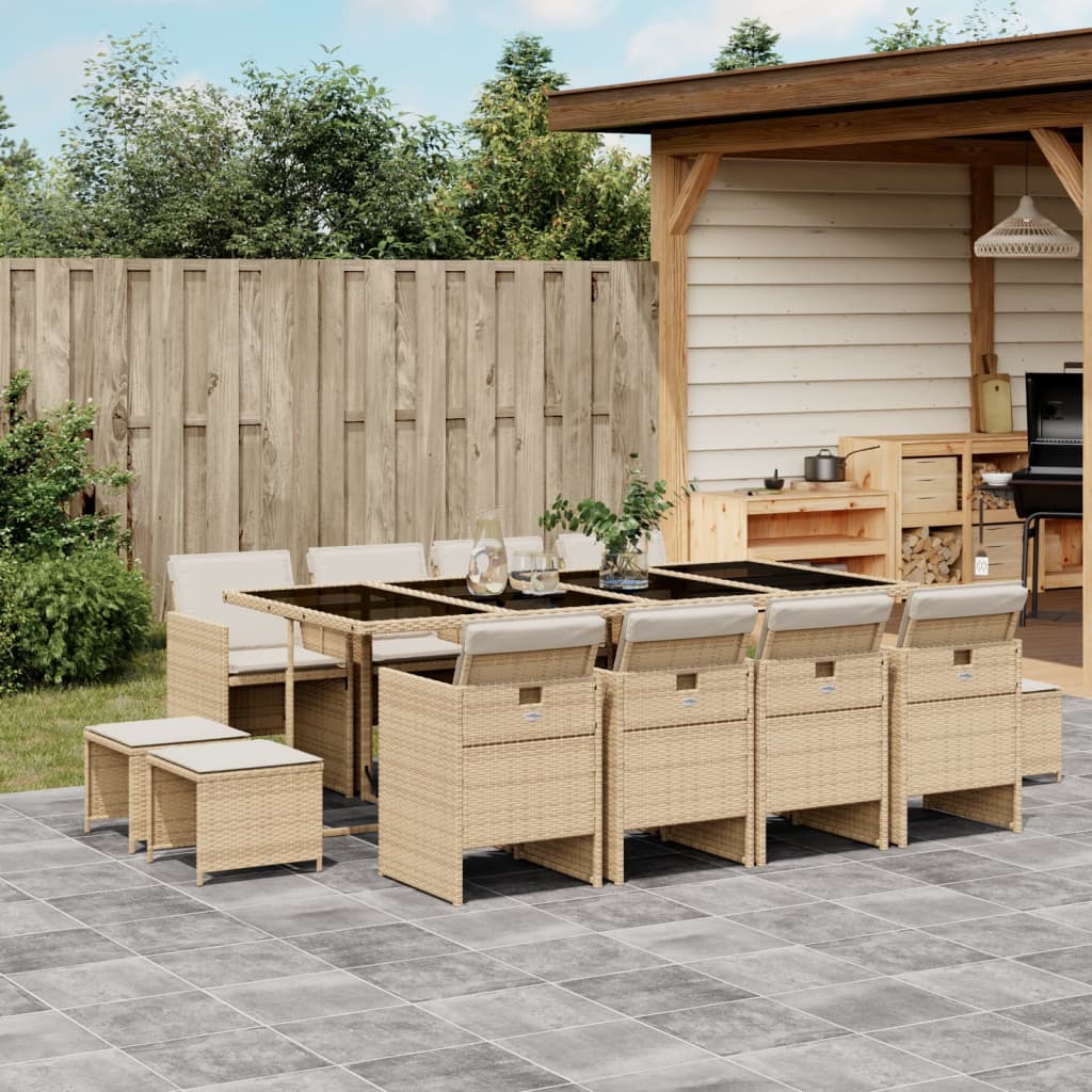 13 Pcs conjunto de jantar p/ jardim com almofadões vime PE bege