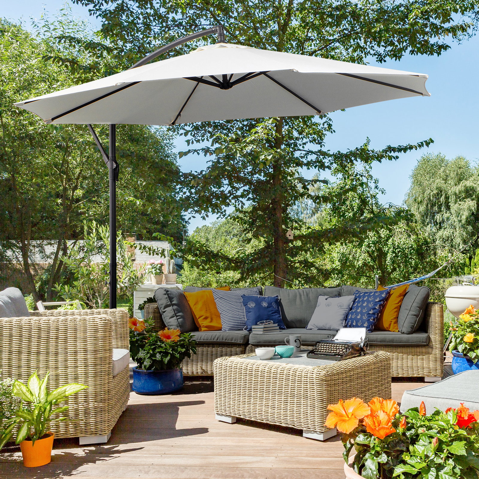 Chapéu de sol de jardim ø295x245 cm chapéu de sol excêntrico inclinável com manivela base cruzada creme