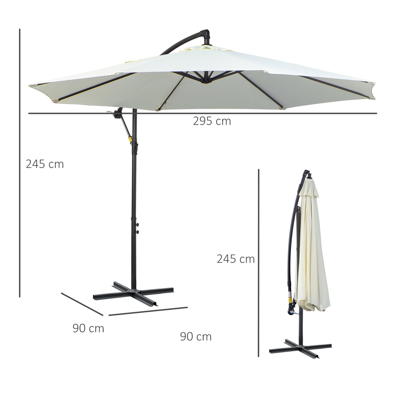 Chapéu de sol de jardim ø295x245 cm chapéu de sol excêntrico inclinável com manivela base cruzada creme