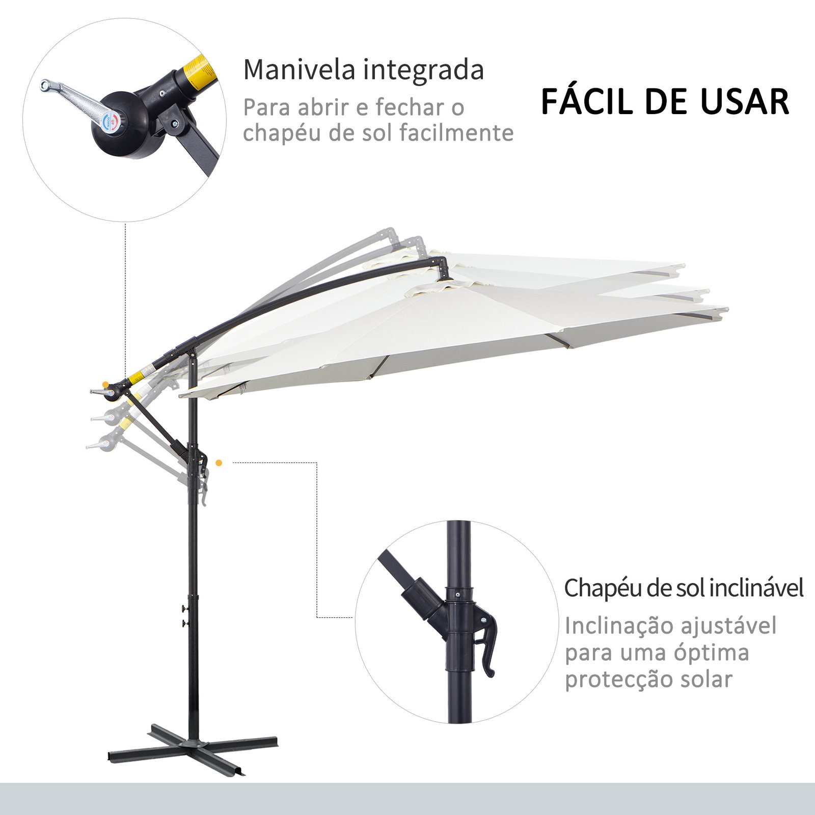 Chapéu de sol de jardim ø295x245 cm chapéu de sol excêntrico inclinável com manivela base cruzada creme