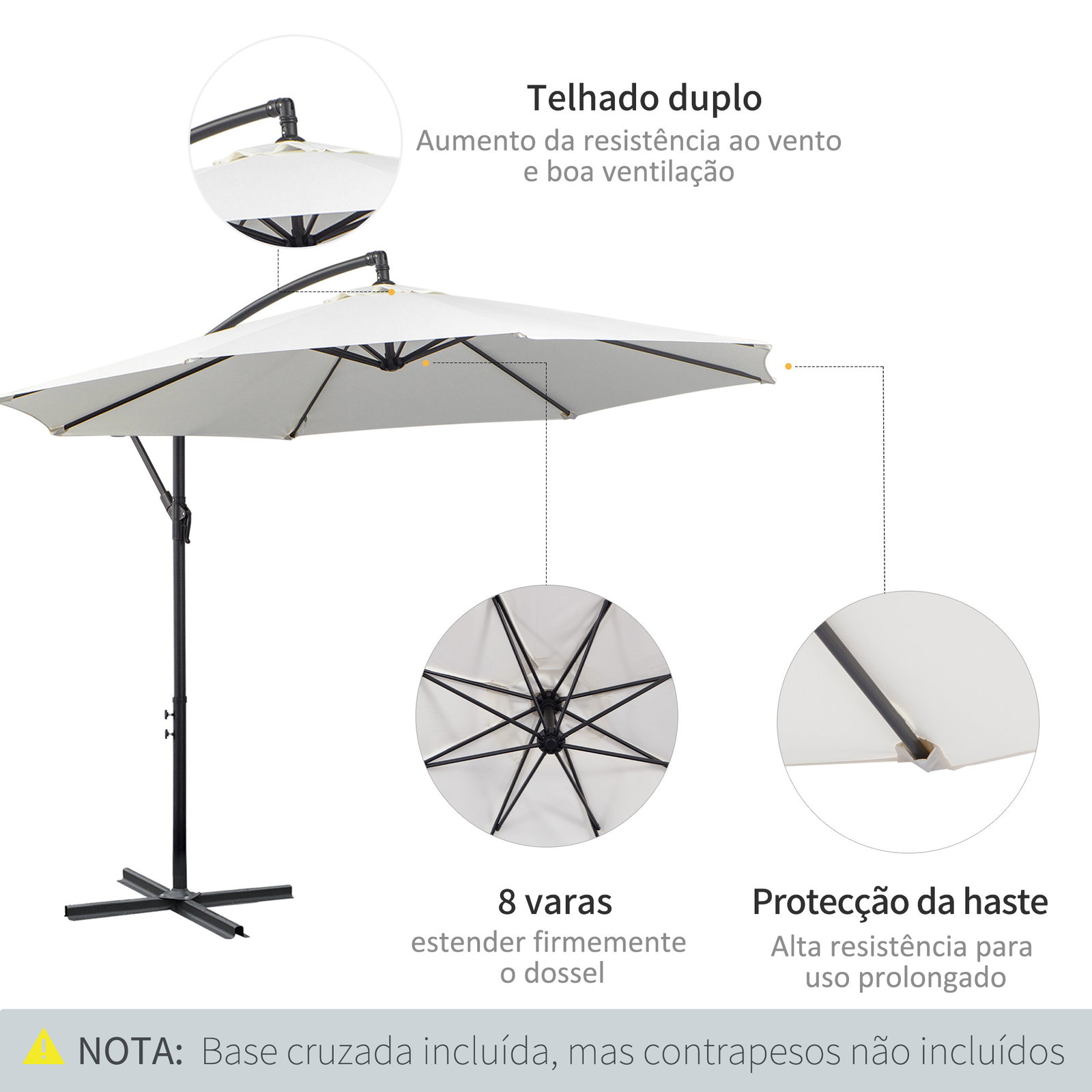 Chapéu de sol de jardim ø295x245 cm chapéu de sol excêntrico inclinável com manivela base cruzada creme