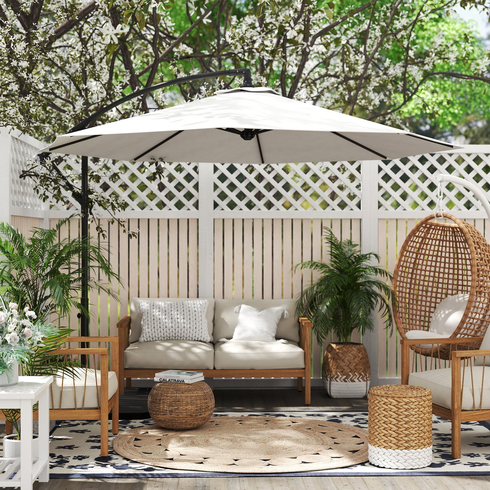 Chapéu de sol de jardim ø295x245 cm chapéu de sol excêntrico inclinável com manivela base cruzada creme