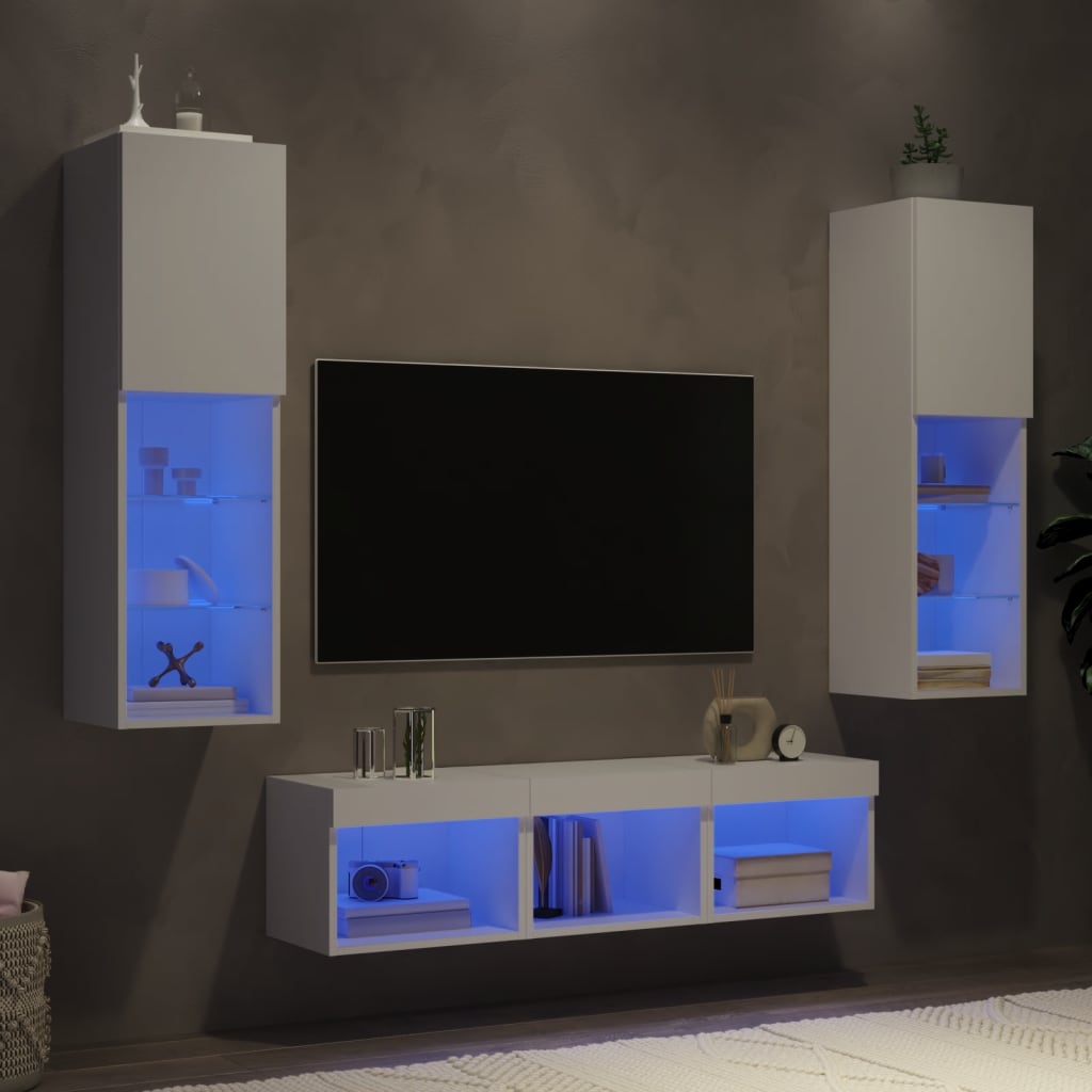 5Pcs móveis de parede p/ TV c/ leds derivados de madeira branco