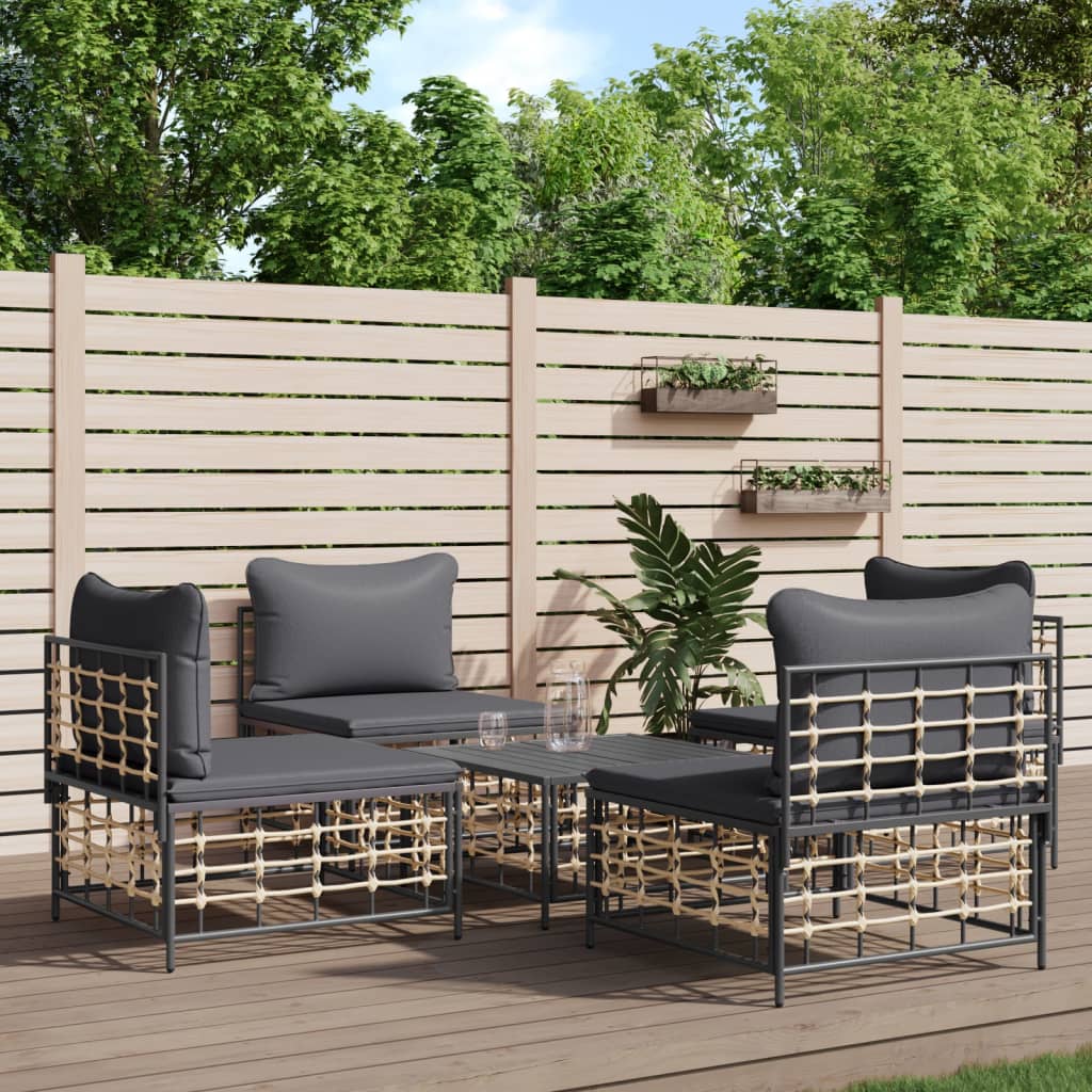 5 Pcs conjunto lounge de jardim c/ almofadões vime PE antracite