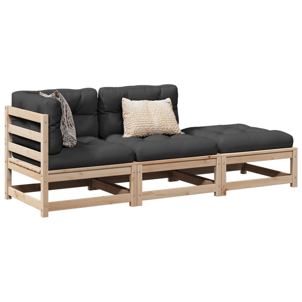 3 Pcs conjunto sofás de jardim c/ almofadões pinho maciço