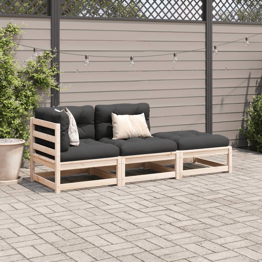 3 Pcs conjunto sofás de jardim c/ almofadões pinho maciço