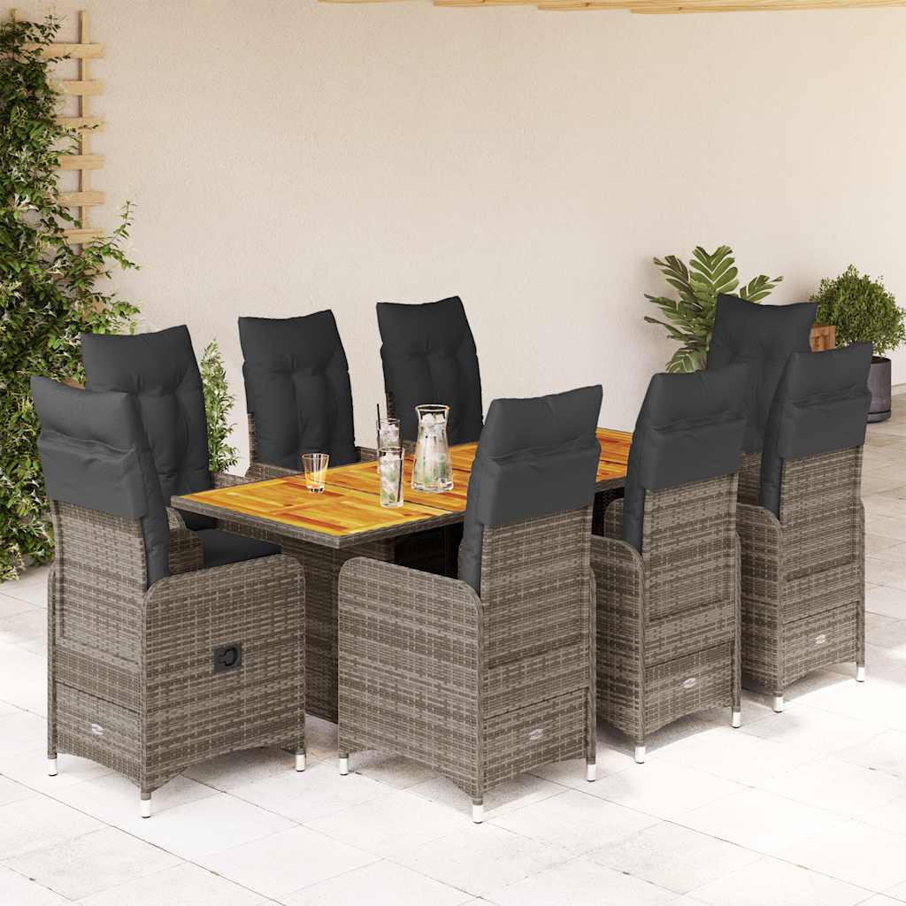 9 Pcs conjunto bistrô de jardim c/ almofadões vime PE cinzento