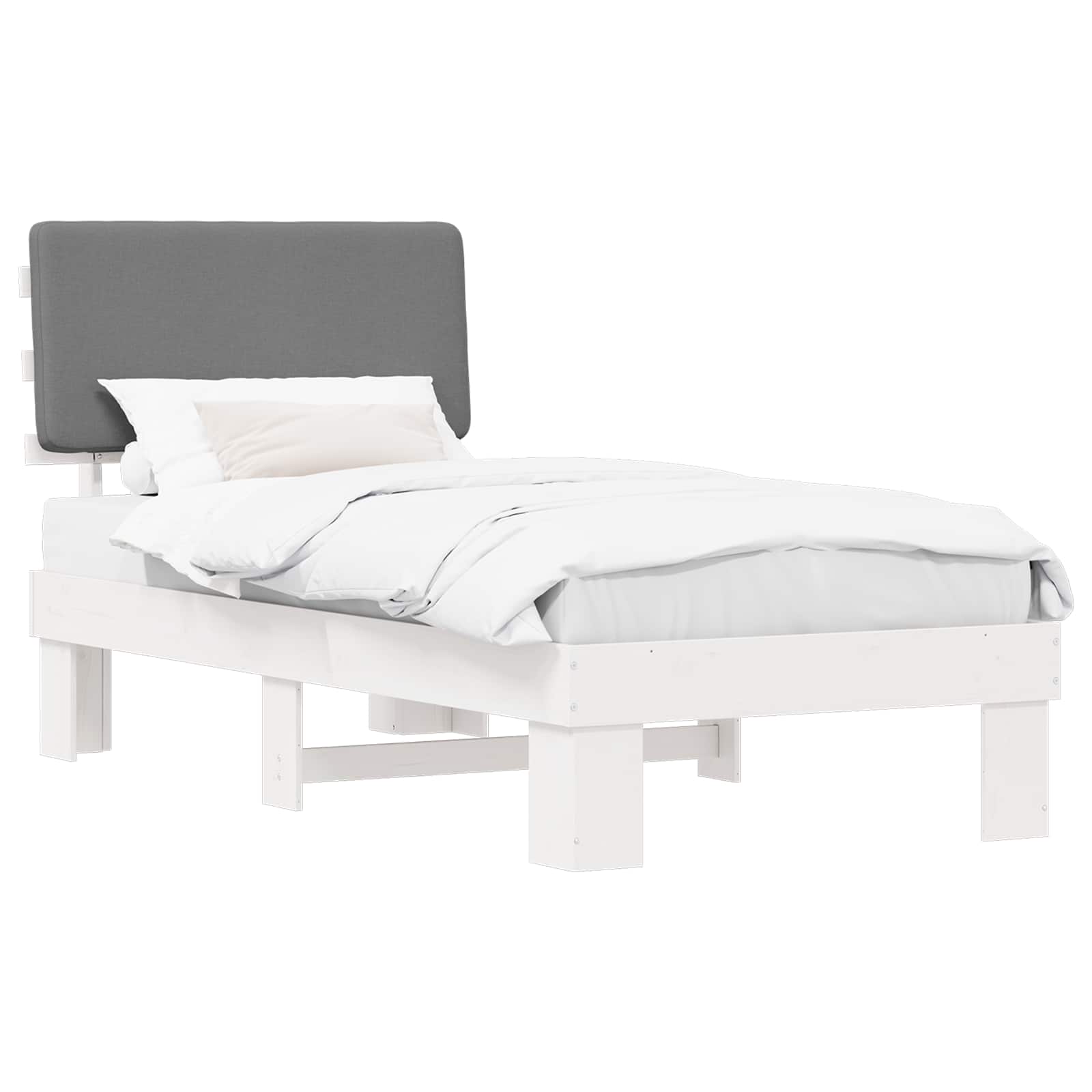 Estrutura de cama com cabeceira estofada cinzento-claro