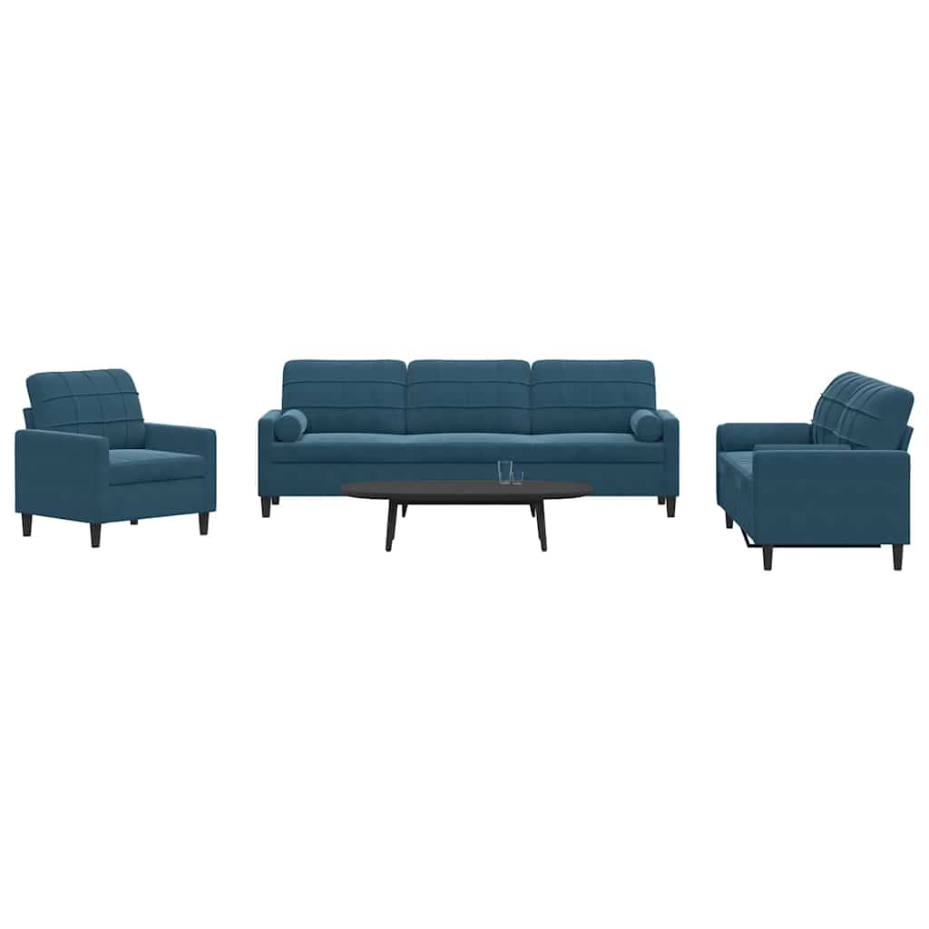 3 Pcs conjunto de sofás com almofadões e rolos veludo azul