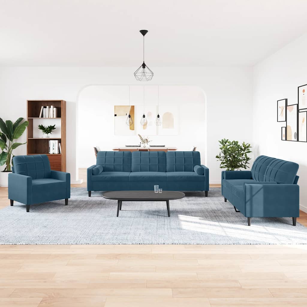 3 Pcs conjunto de sofás com almofadões e rolos veludo azul
