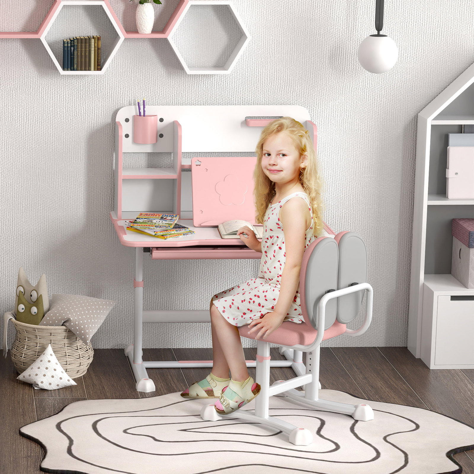 Conjunto de secretária e cadeira para crianças secretária infantil altura ajustável 80x55x107,5 cm rosa