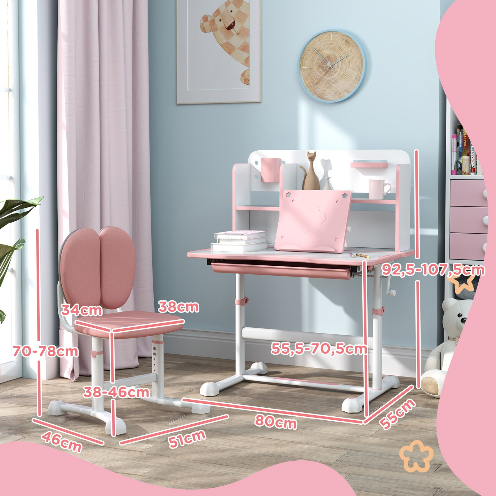 Conjunto de secretária e cadeira para crianças secretária infantil altura ajustável 80x55x107,5 cm rosa