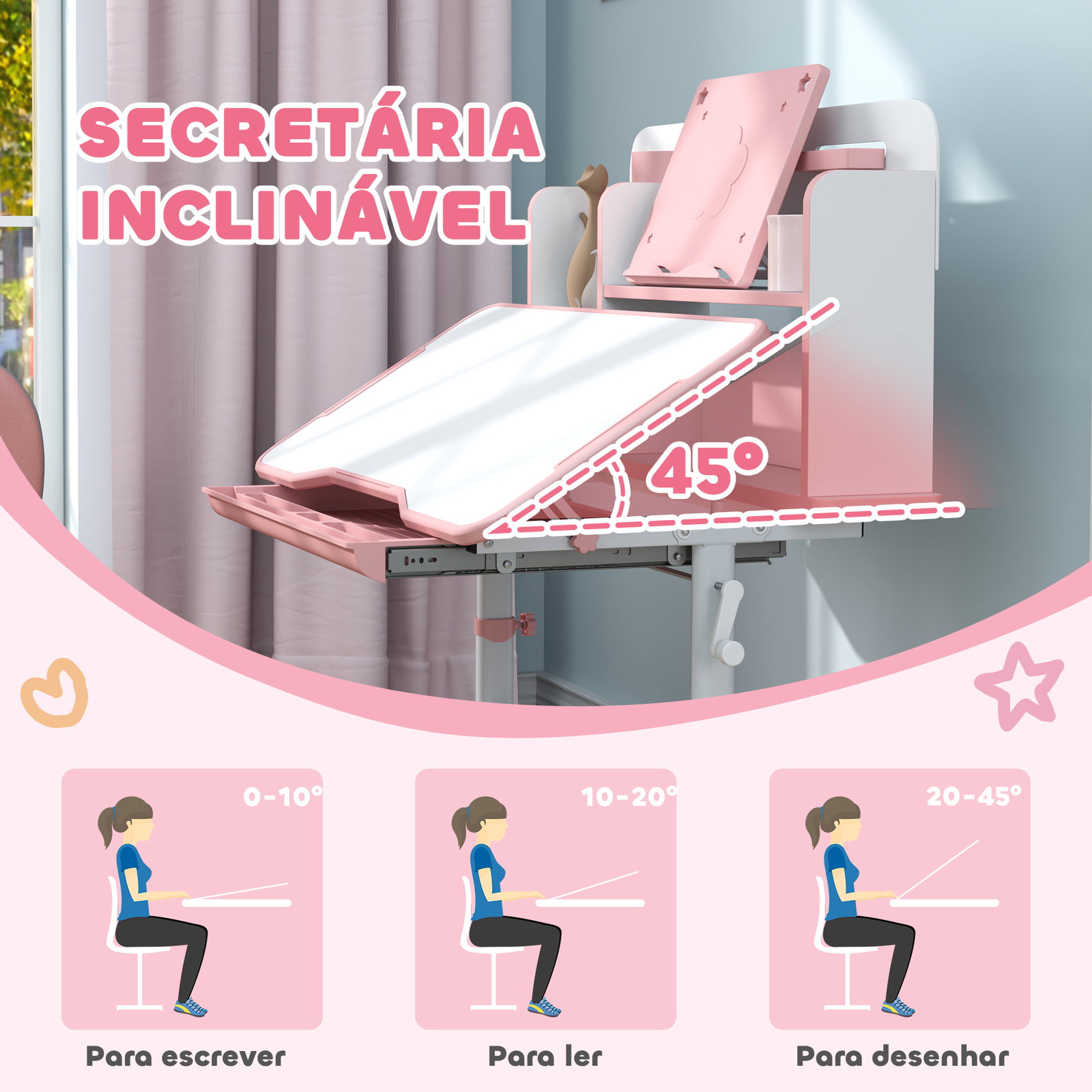 Conjunto de secretária e cadeira para crianças secretária infantil altura ajustável 80x55x107,5 cm rosa