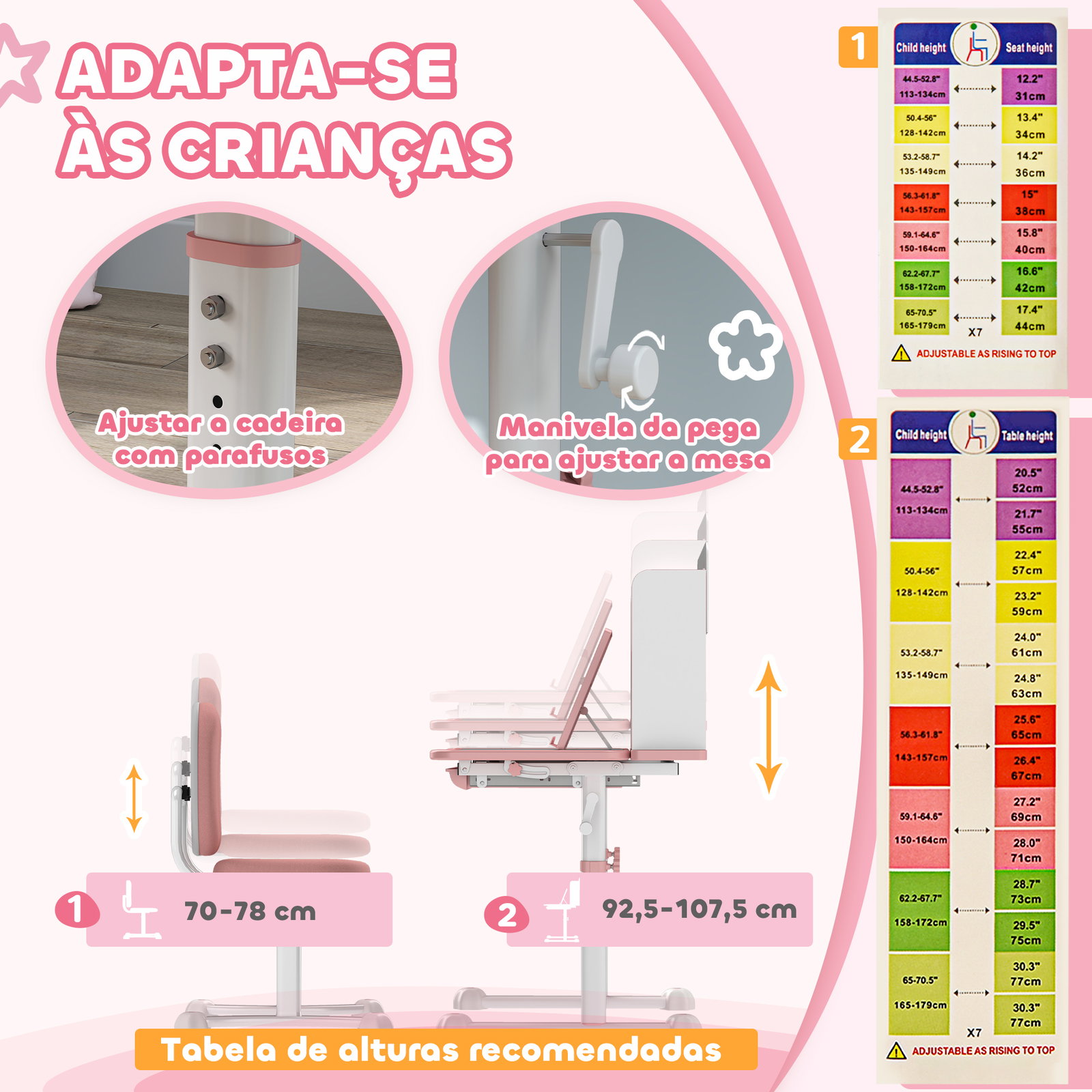 Conjunto de secretária e cadeira para crianças secretária infantil altura ajustável 80x55x107,5 cm rosa