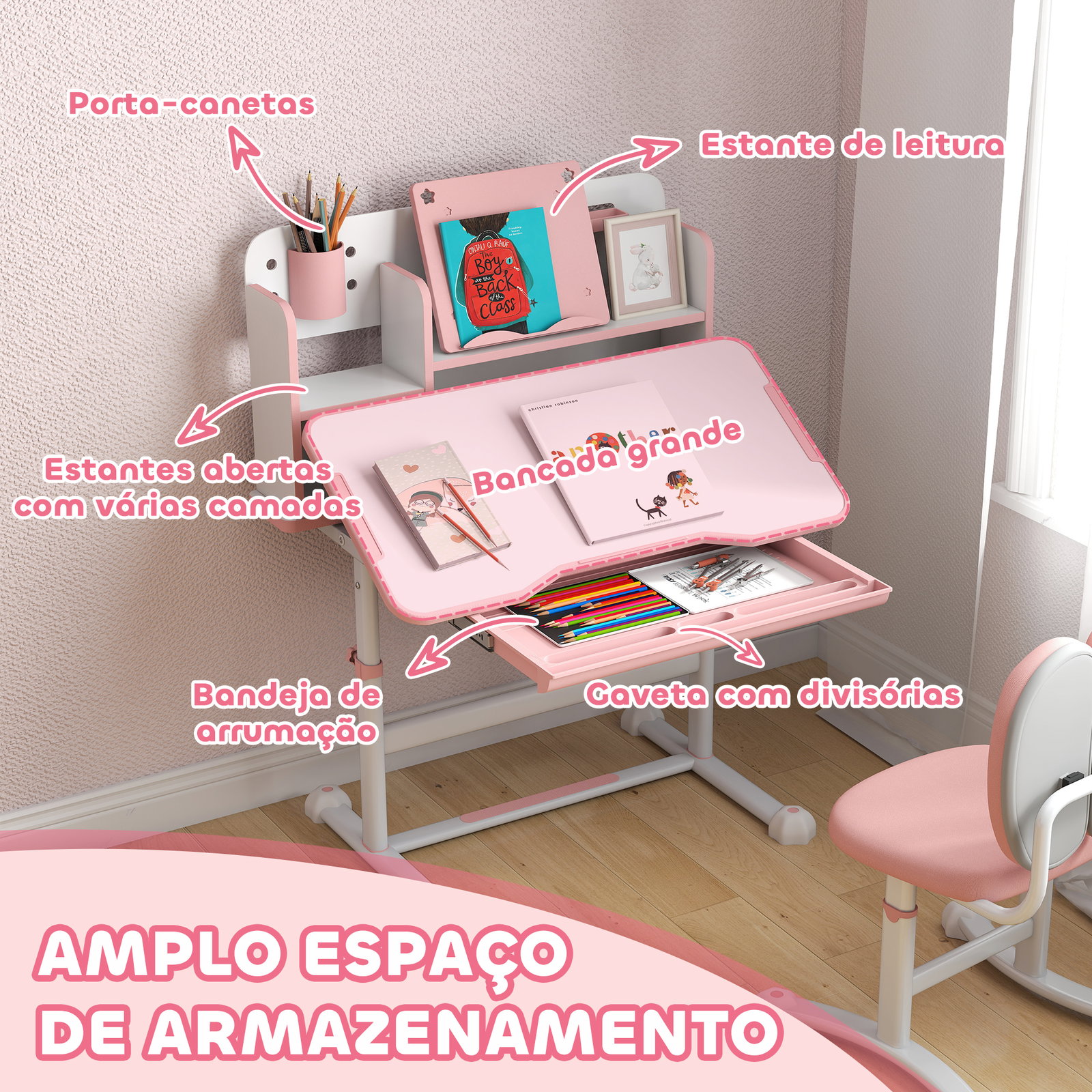 Conjunto de secretária e cadeira para crianças secretária infantil altura ajustável 80x55x107,5 cm rosa