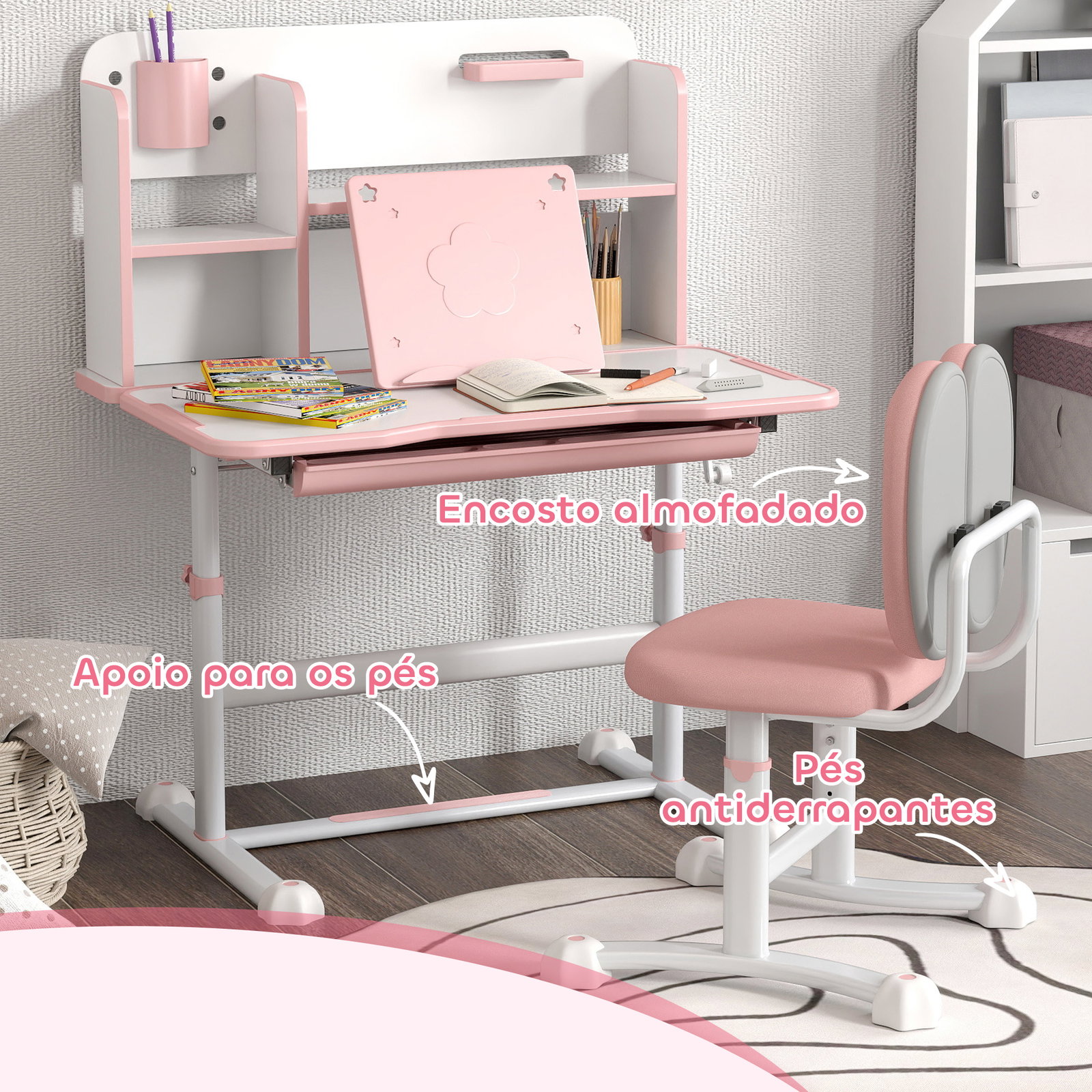 Conjunto de secretária e cadeira para crianças secretária infantil altura ajustável 80x55x107,5 cm rosa