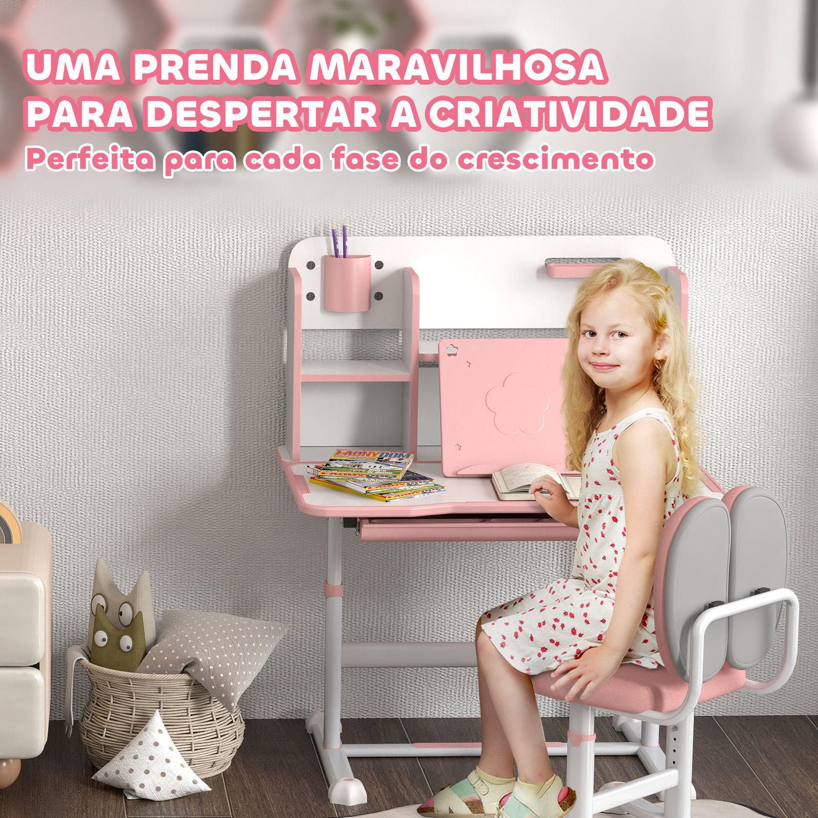 Conjunto de secretária e cadeira para crianças secretária infantil altura ajustável 80x55x107,5 cm rosa