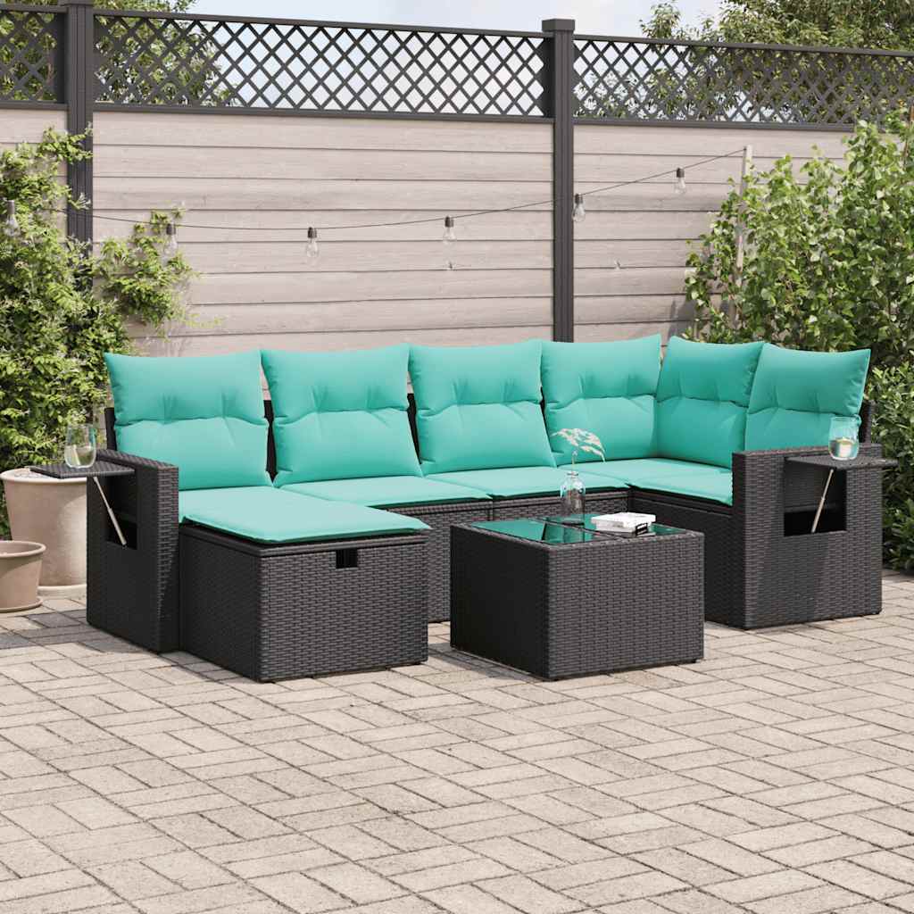 7 Pcs conjunto de sofás p/ jardim c/ almofadões vime PE preto
