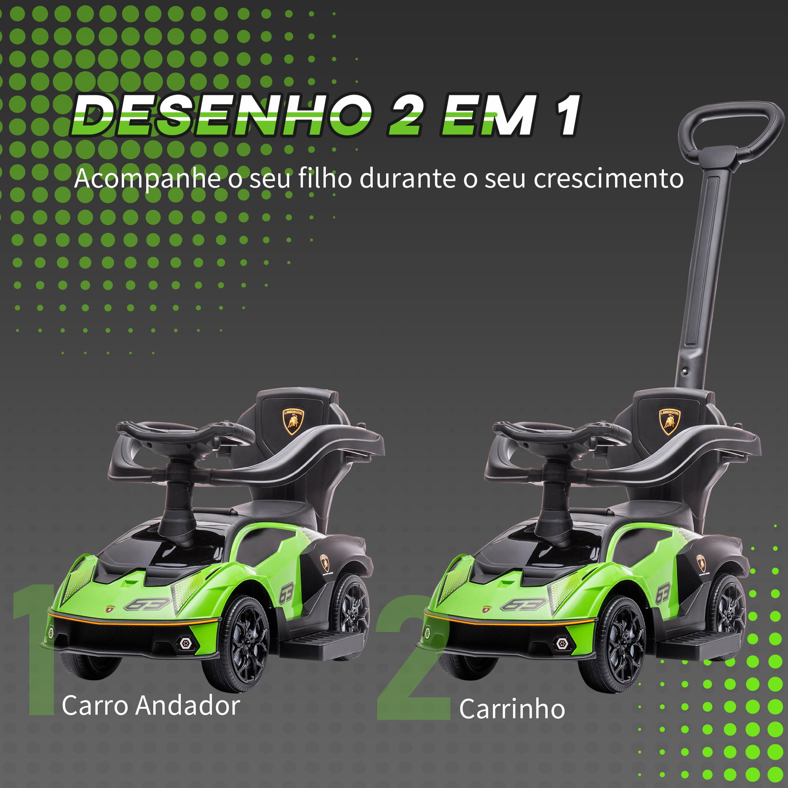 2 Em 1 carro andador para crianças 12-36 meses lamborghini essenza scv2 carro andador com buzina guiador e grade de segurança removível 86,5x40x89,5cm verde e preto