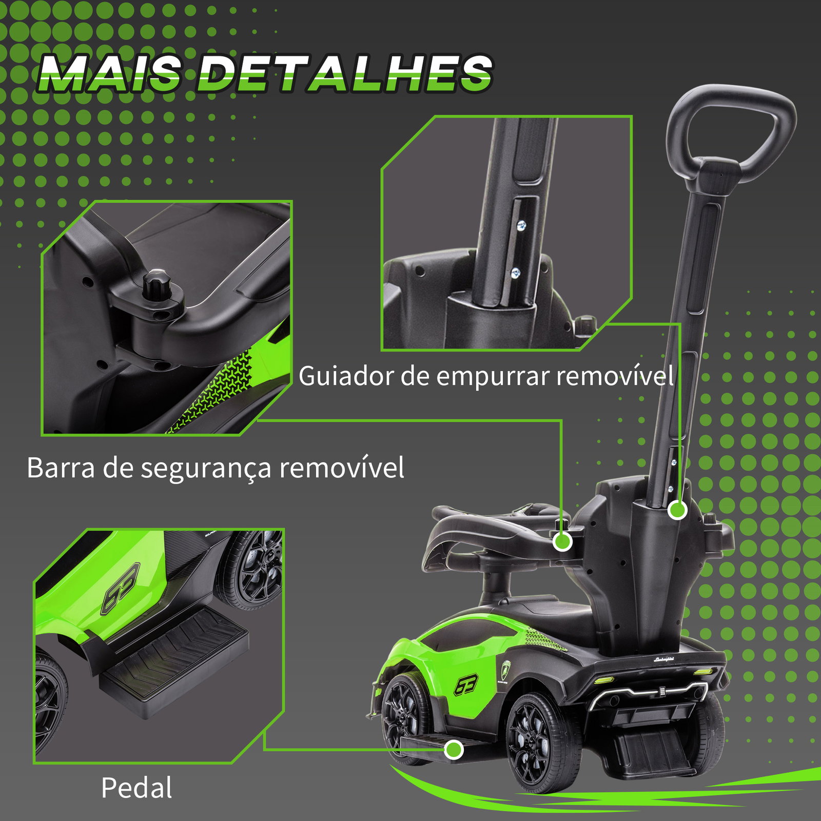 2 Em 1 carro andador para crianças 12-36 meses lamborghini essenza scv2 carro andador com buzina guiador e grade de segurança removível 86,5x40x89,5cm verde e preto