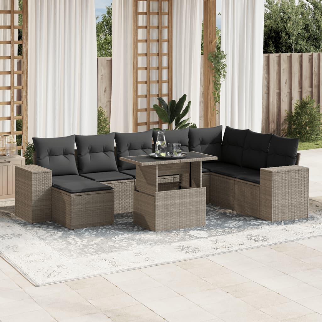9 Pcs conj. sofás jardim com almofadões vime PE cinzento-claro