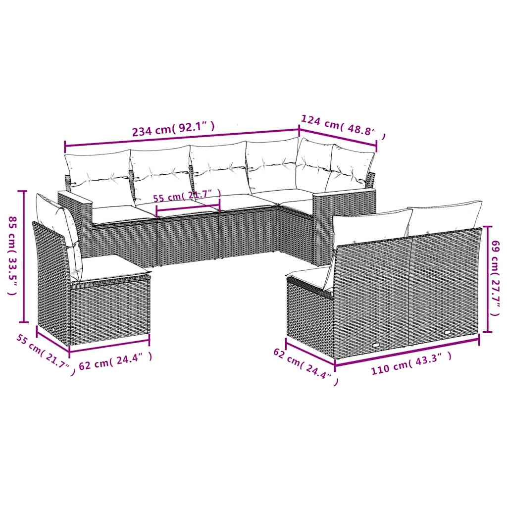 8 Pcs conjunto sofás de jardim com almofadões vime PE preto