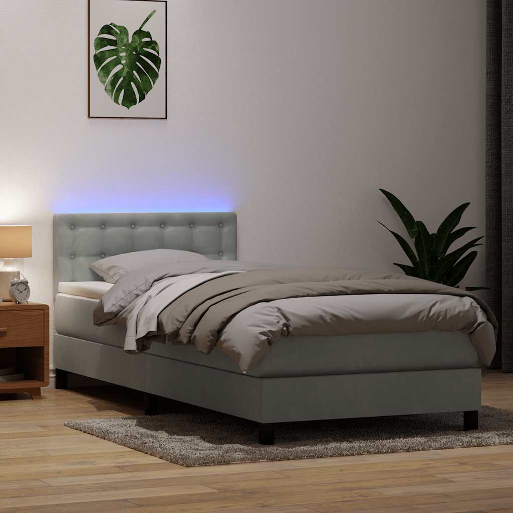 Cama box spring c/ colchão e LED cinzento-claro 80x220 cm veludo