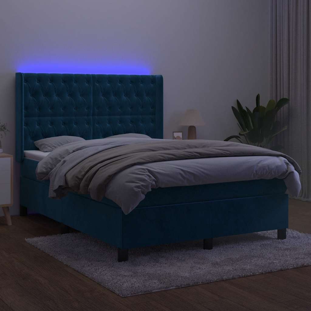 Cama box spring c/ colchão/LED 140x190 cm veludo azul-escuro