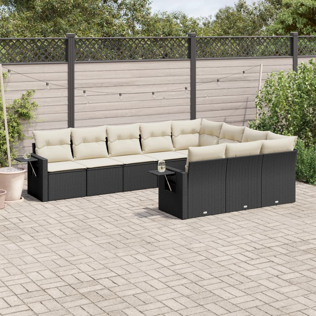 10 Pcs conjunto sofás de jardim c/ almofadões vime PE preto